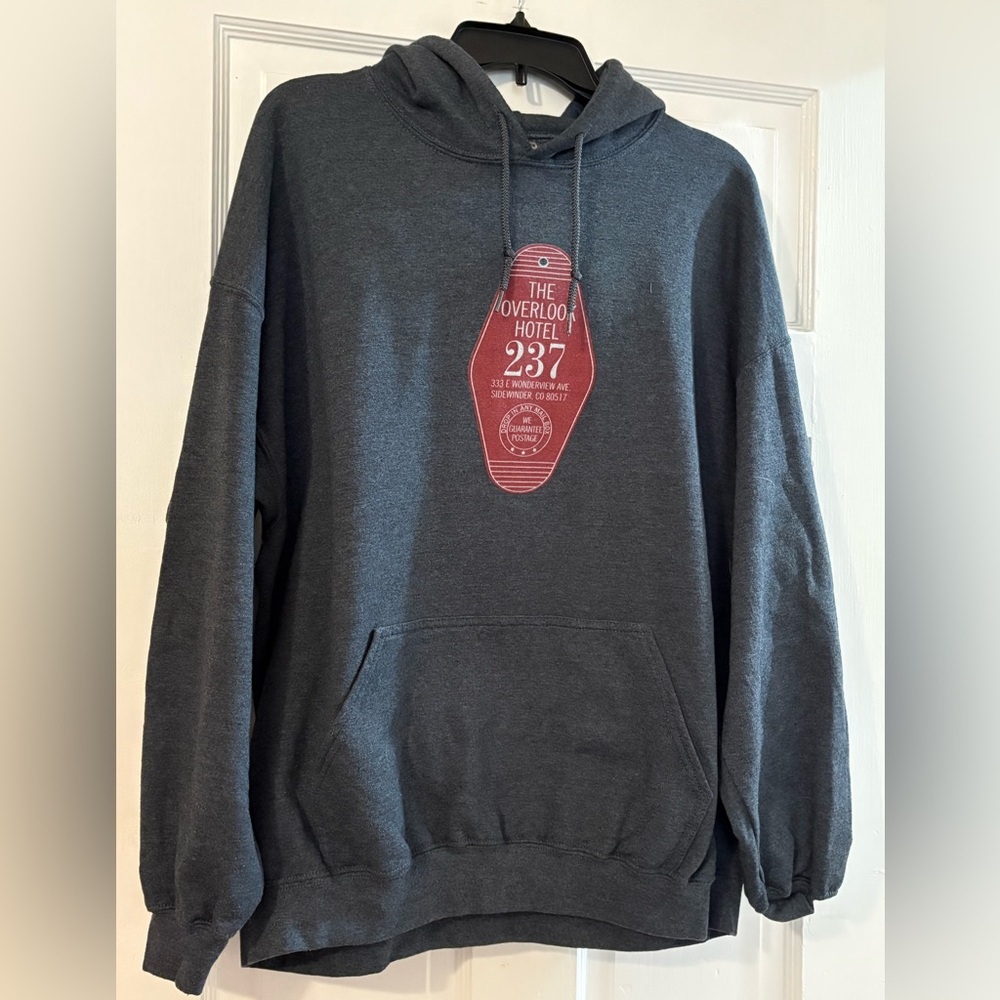 Gildan Dark Gray Hoodie with the overlook hotel logo (The Shining)